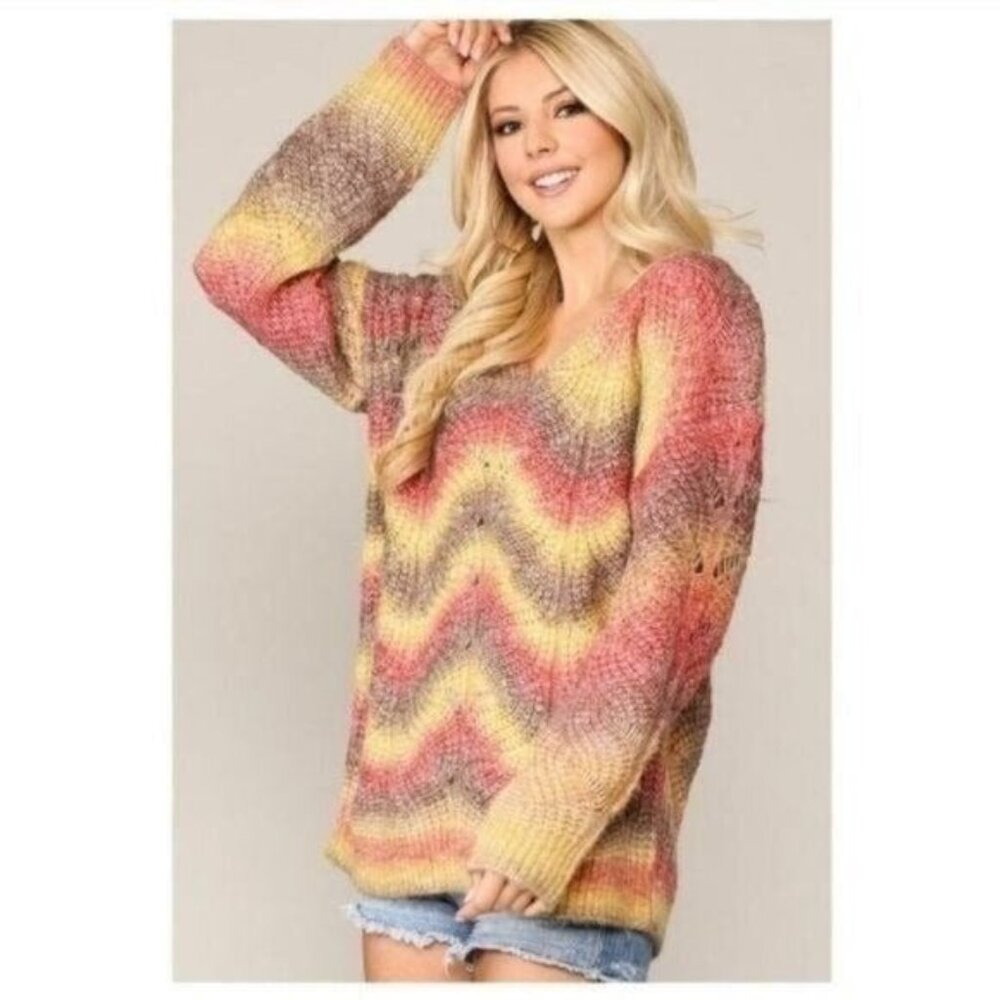 V-NECK OMBRE FALL KNIT SWEATER-NEW